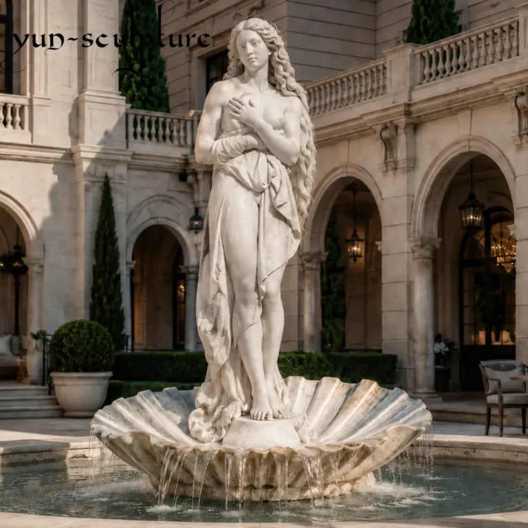 A hand-carved natural white marble Birth of Venus statue standing on a seashell in a luxury courtyard fountain. This classical replica utilizes marble's natural translucency to create a luminous, divine presence, connecting directly to the ancient Venus Pudica tradition as discussed in our material selection guide.