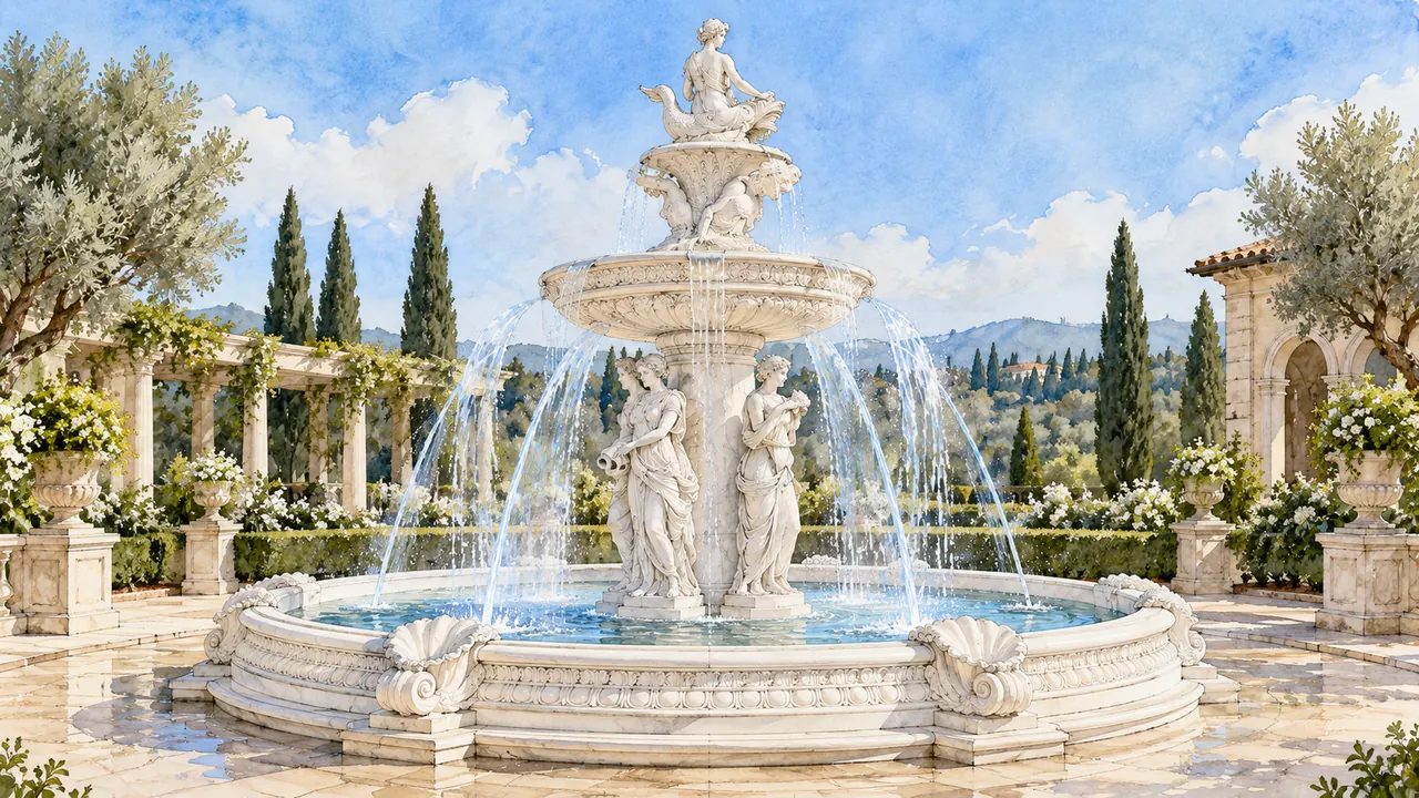 AI concept illustration of a classical marble figure fountain with a wide carved basin