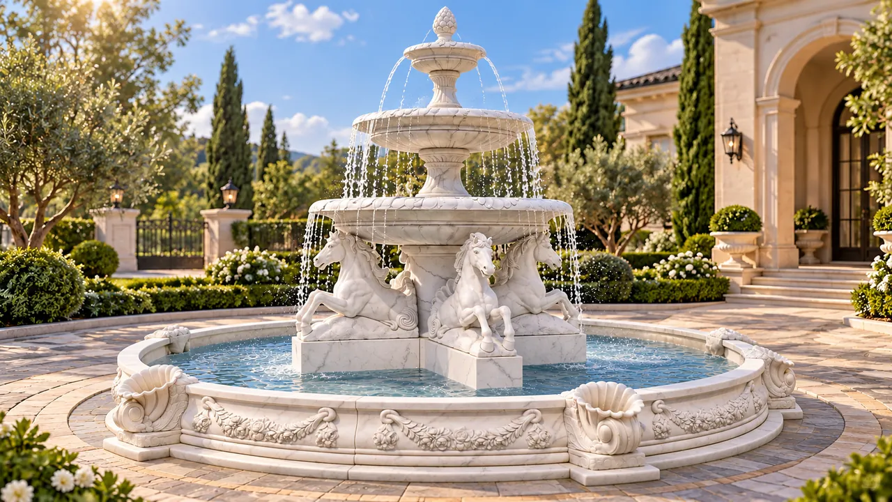 AI concept visualization of a white marble tiered fountain with three carved horses and contained basin water