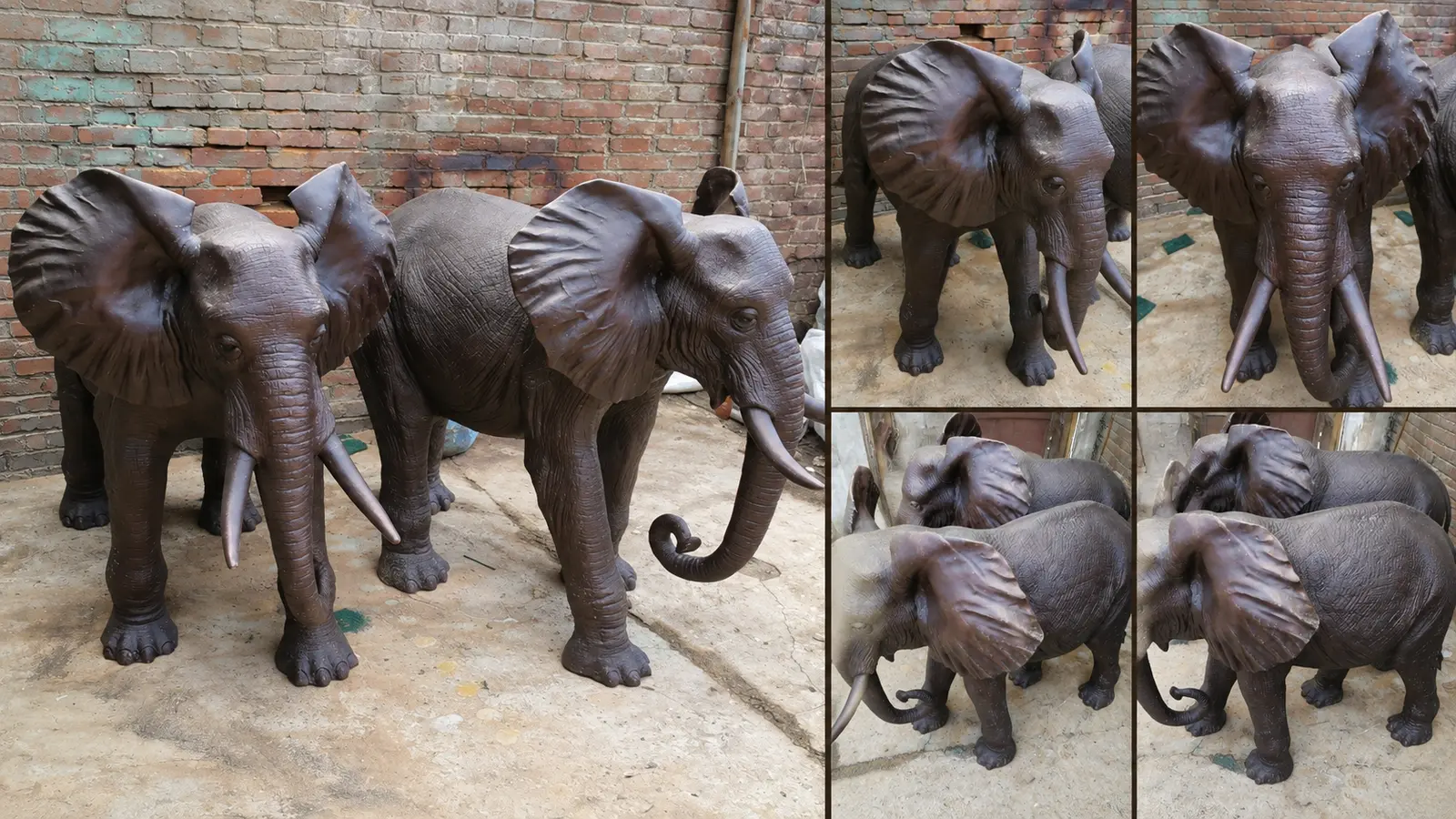 Dark bronze elephant statues displayed in a sculpture workshop