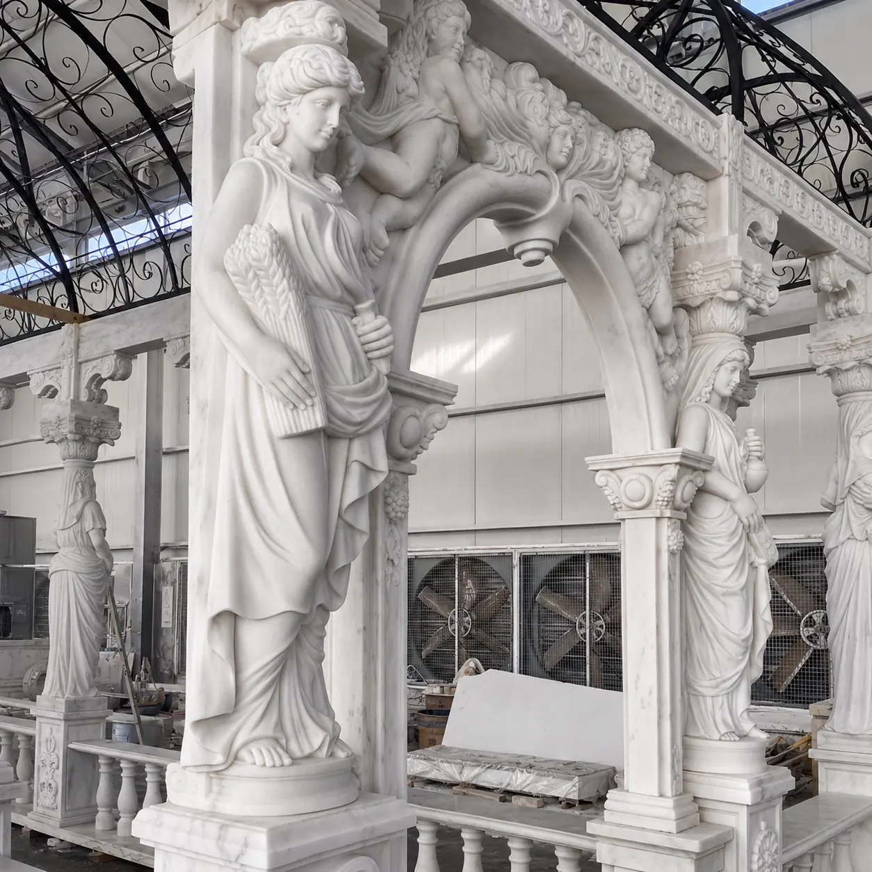 Hand-carved marble figure column and relief on a rectangular garden pavilion