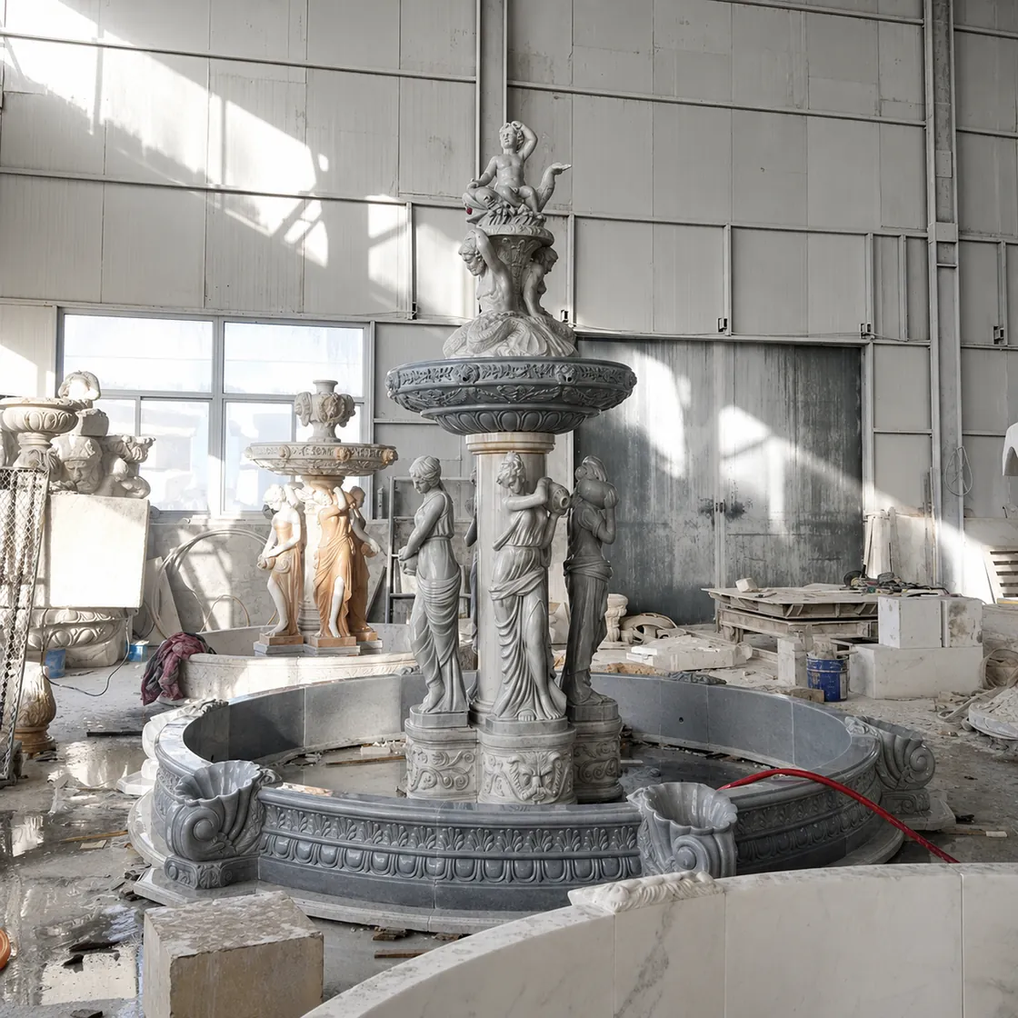 Classical carved figures supporting a marble fountain in a workshop