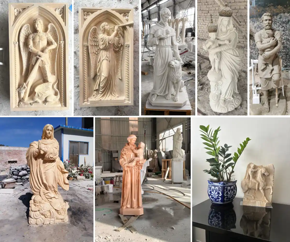 Collage of custom marble sculpture projects including church reliefs, religious statues and a classical horseman relief