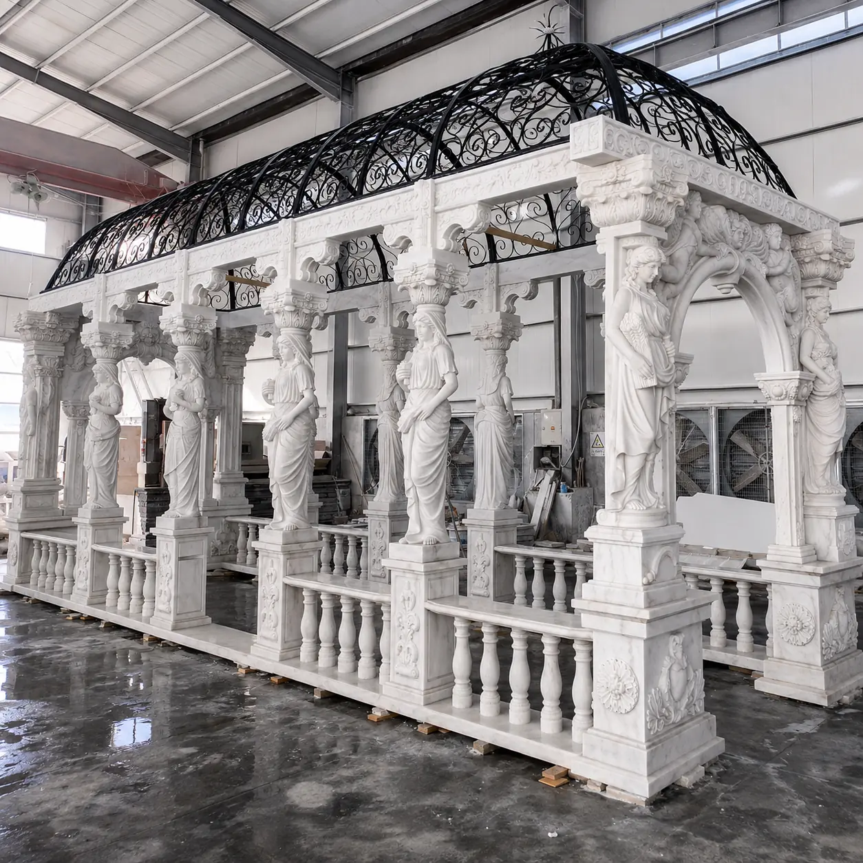Long rectangular marble pavilion with caryatid figure columns and decorative iron canopy