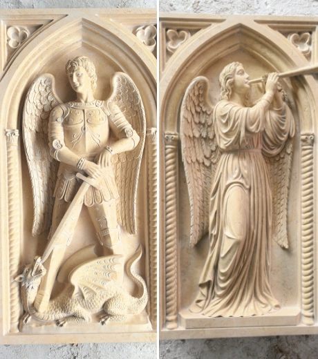 St. Michael and St. Gabriel marble reliefs created as a matching pair for a U.S. church project