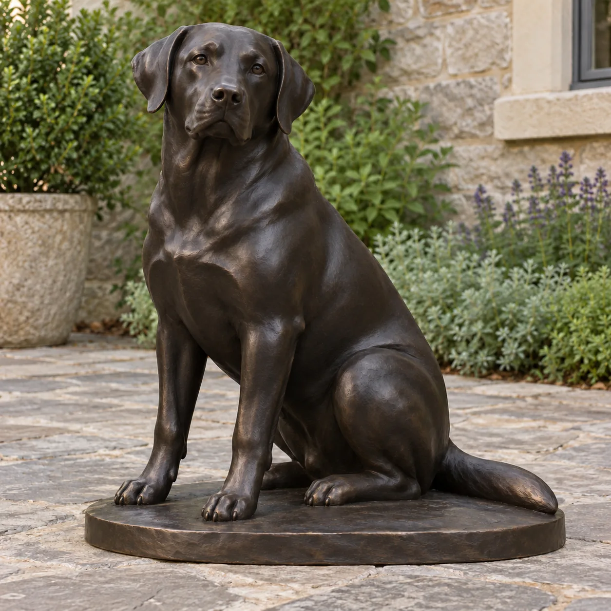 Seated near-black bronze Labrador statue with a broad head, dropped ears, closed mouth and a rounded tail on an oval base.