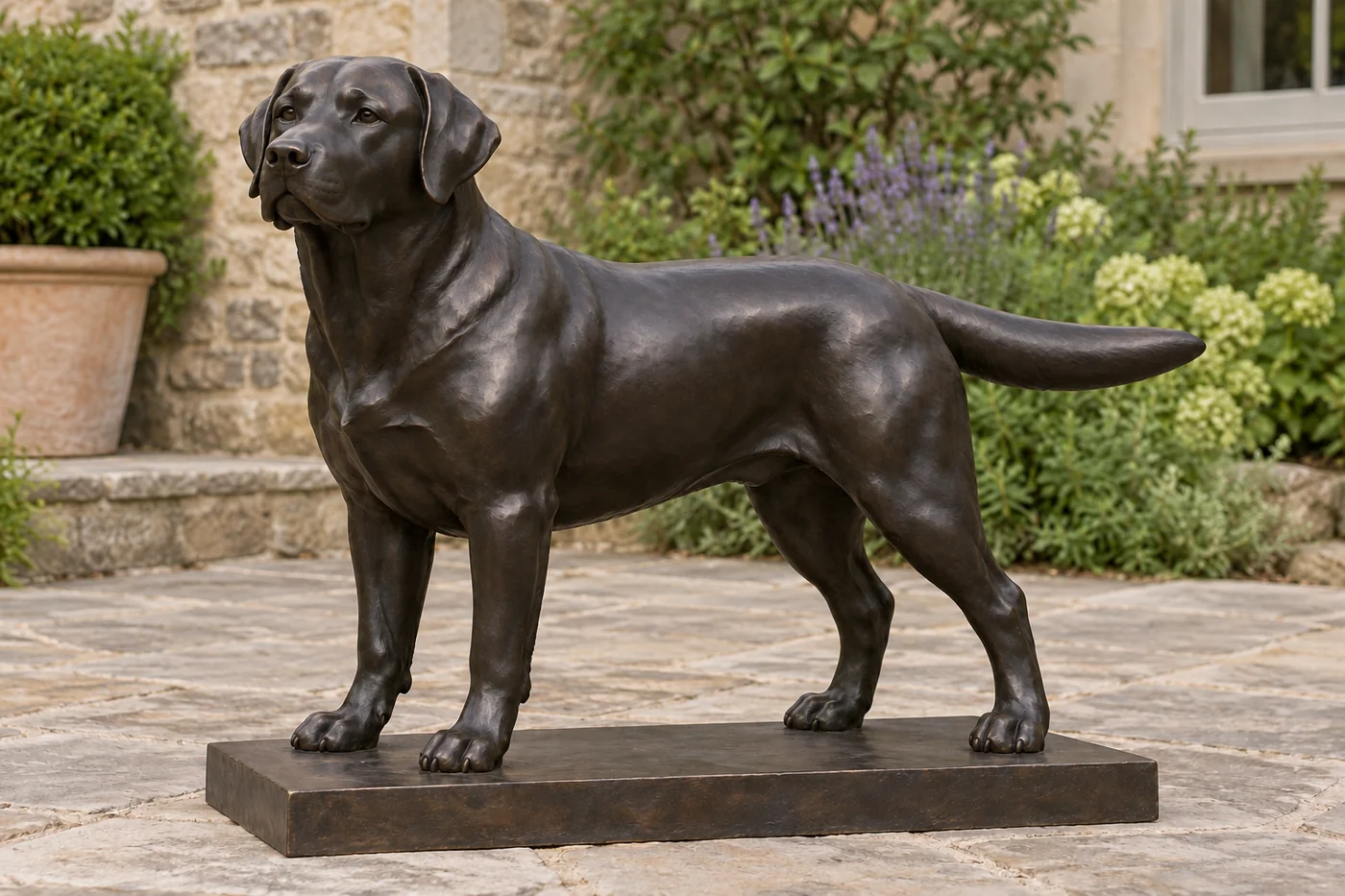 Standing near-black bronze Labrador with short-coat modelling, a broad chest and a thick tapering tail on a rectangular base.