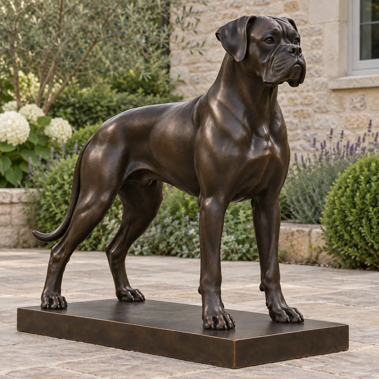 Standing dark bronze Boxer dog statue with folded ears, a short square muzzle and a long tail on a rectangular base.