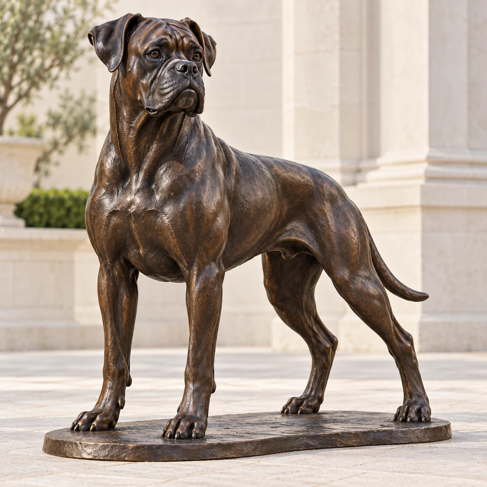 A standing bronze Boxer with folded ears and a broad athletic chest