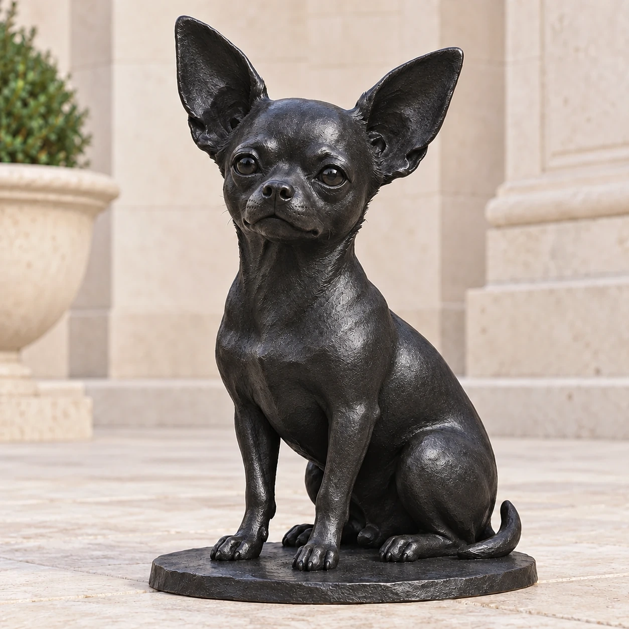 AI concept of a seated bronze Chihuahua statue with upright ears and a blackened bronze finish.