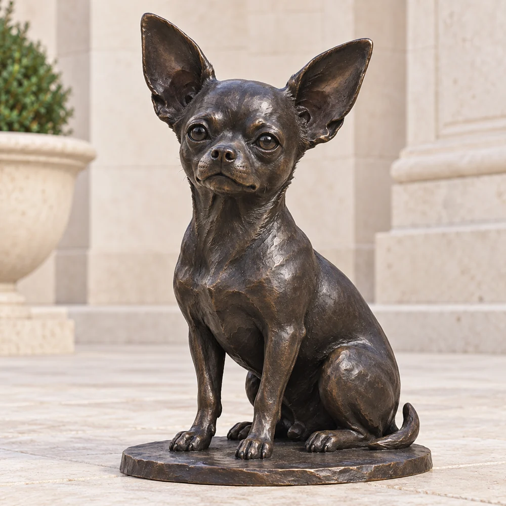 A seated bronze Chihuahua with large upright ears and a dark satin finish