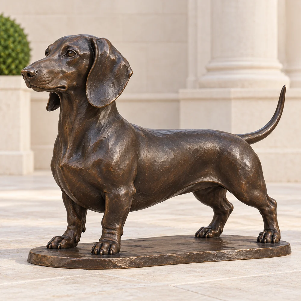 A standing bronze Dachshund with long folded ears and a satin brown finish