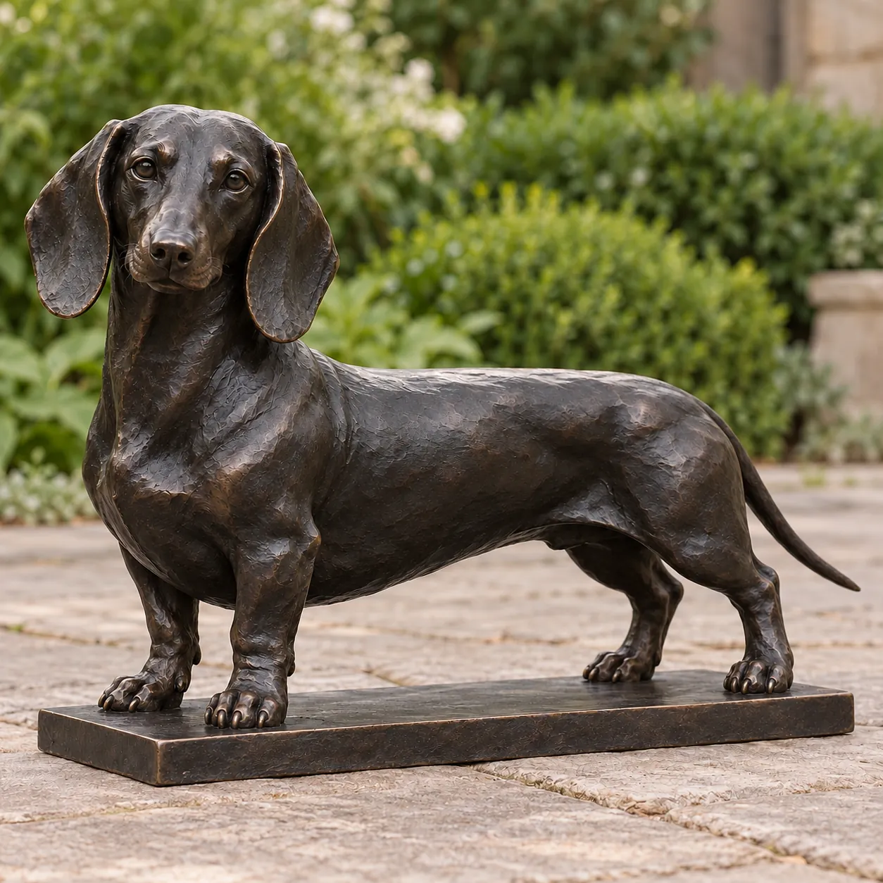 Standing smooth-haired bronze Dachshund statue with a long low body, dropped ears and a dark patina on a rectangular base.