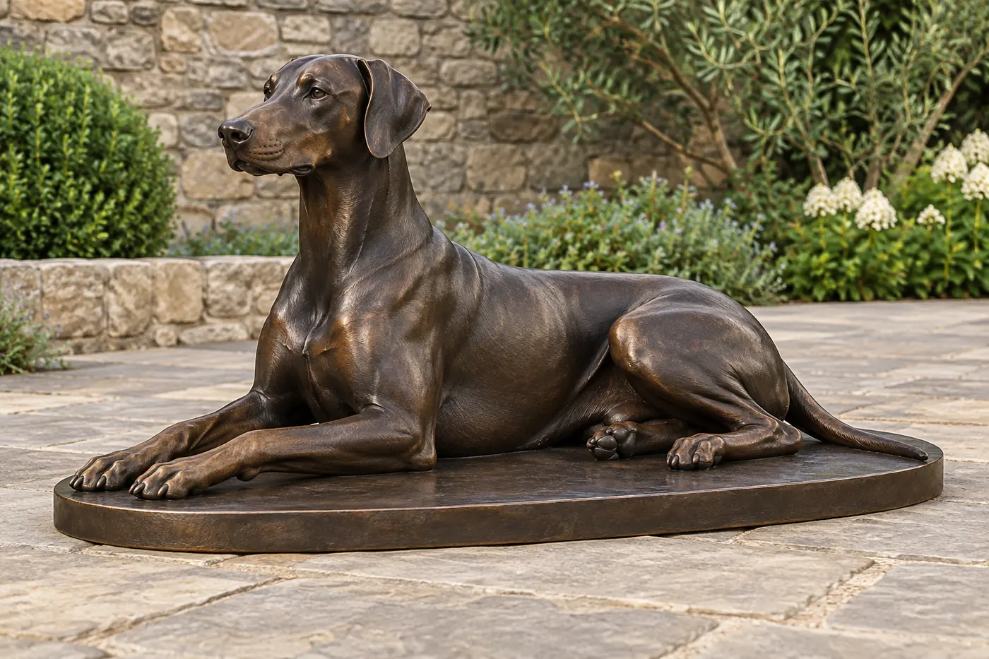 Reclining bronze Doberman statue with natural dropped ears, raised head, extended front paws and a long tail on an oval base.
