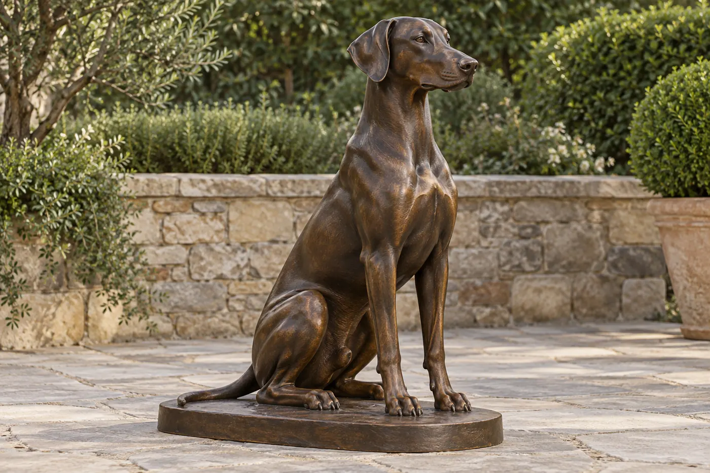 Seated bronze Doberman with natural dropped ears, warm brown highlights and a long tail resting along the oval base.