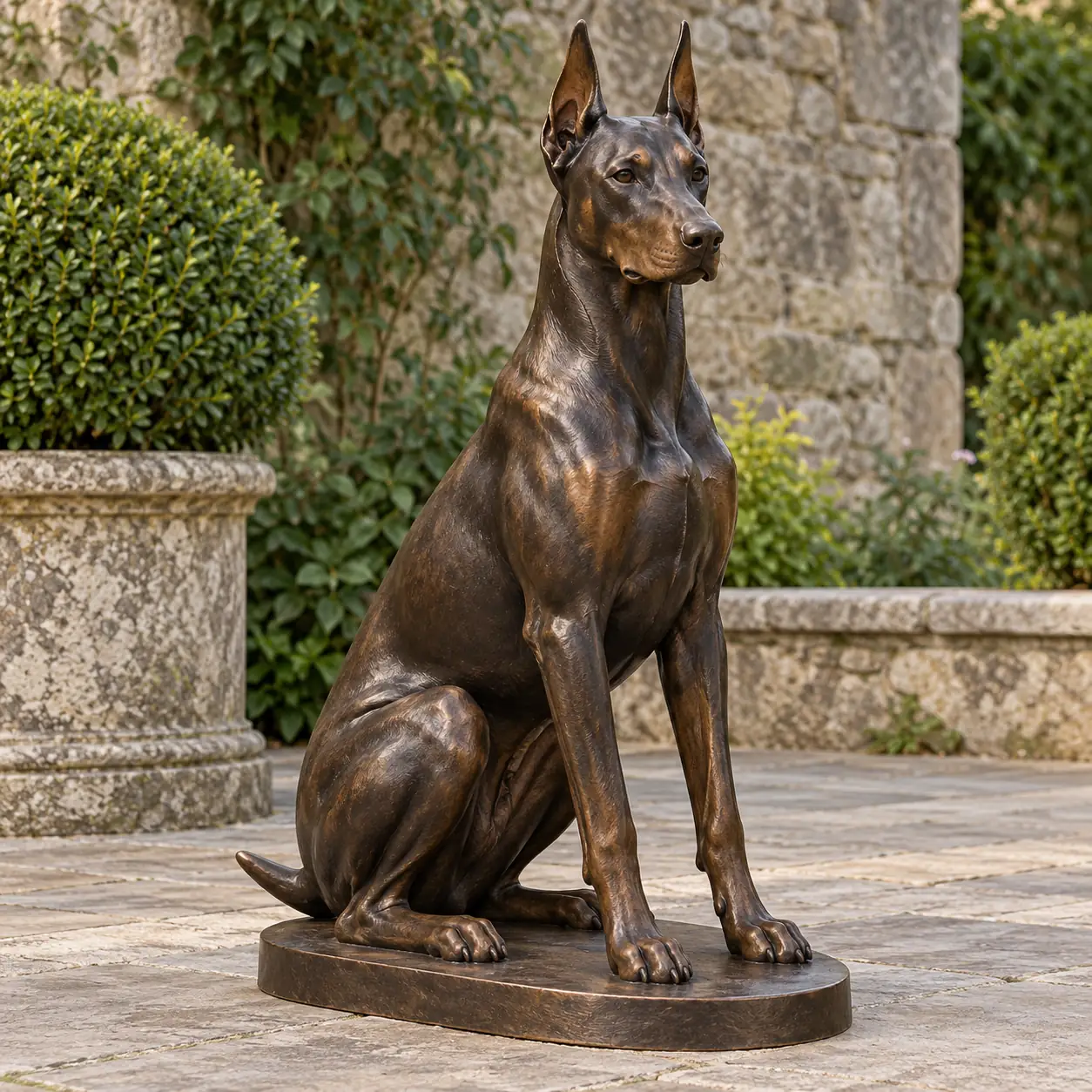 Seated bronze Doberman statue with upright ears, a short tail and a dark brown patina on a low oval base.