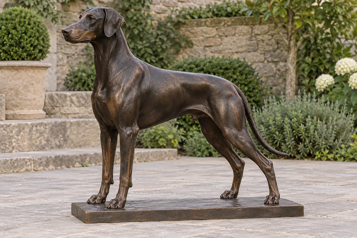Standing bronze Doberman with natural dropped ears and a long tapered tail extending behind the rear legs.