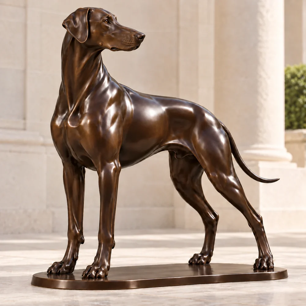 A standing bronze Doberman with a wedge-shaped head, natural folded ears and smooth polished finish