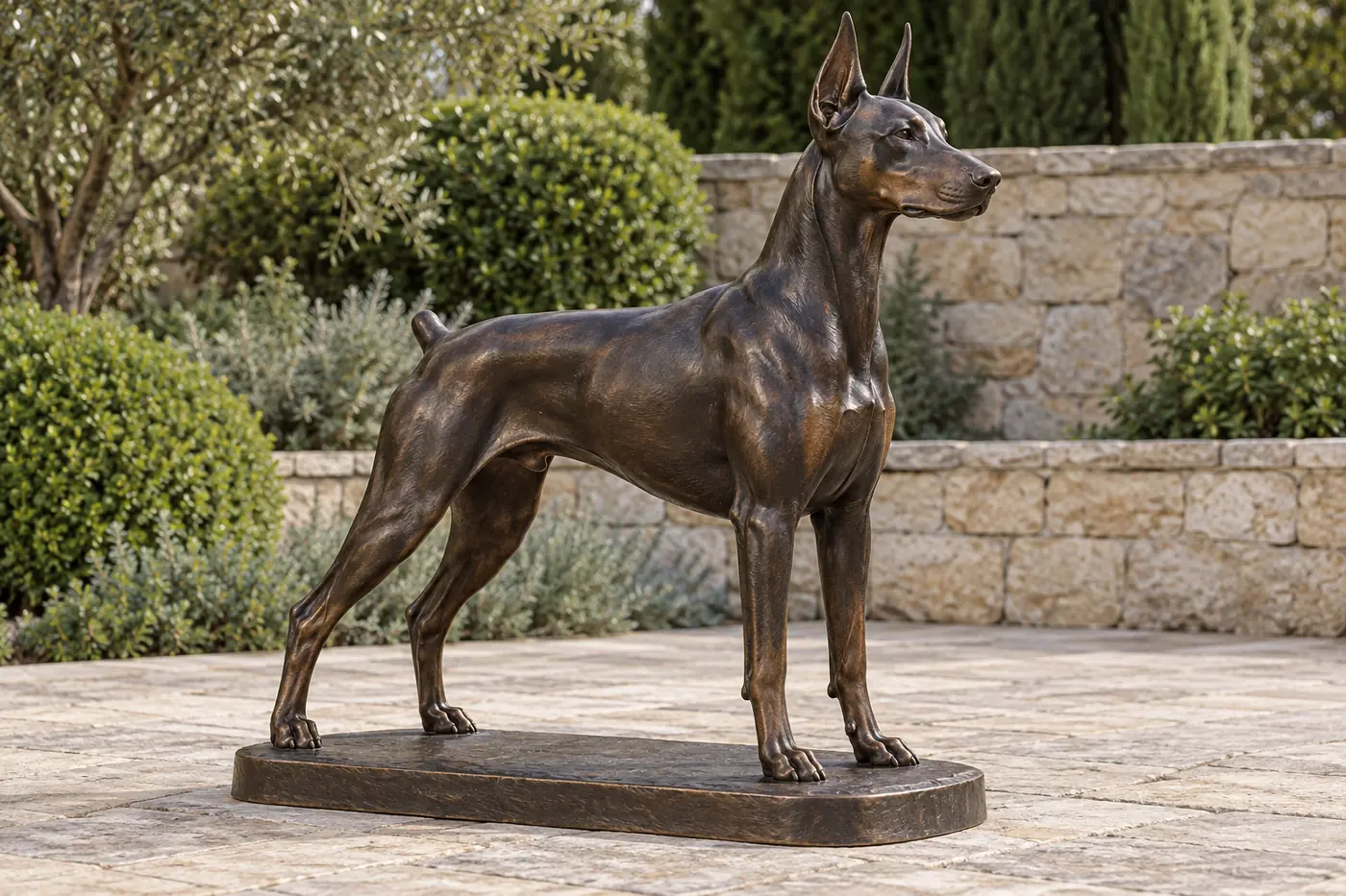 Standing bronze Doberman statue with upright ears, a short tail, deep chest and tucked abdomen on a low rectangular base.