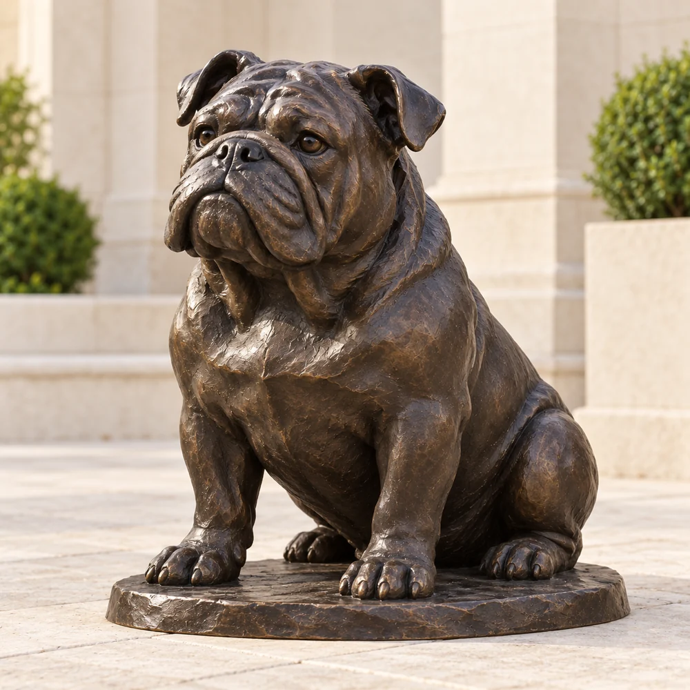 A seated bronze English Bulldog with folded ears and broad sculpted facial folds