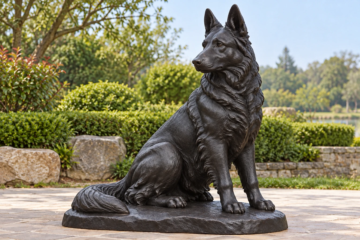 A seated long-coated bronze German Shepherd with its head turned and grouped coat relief.
