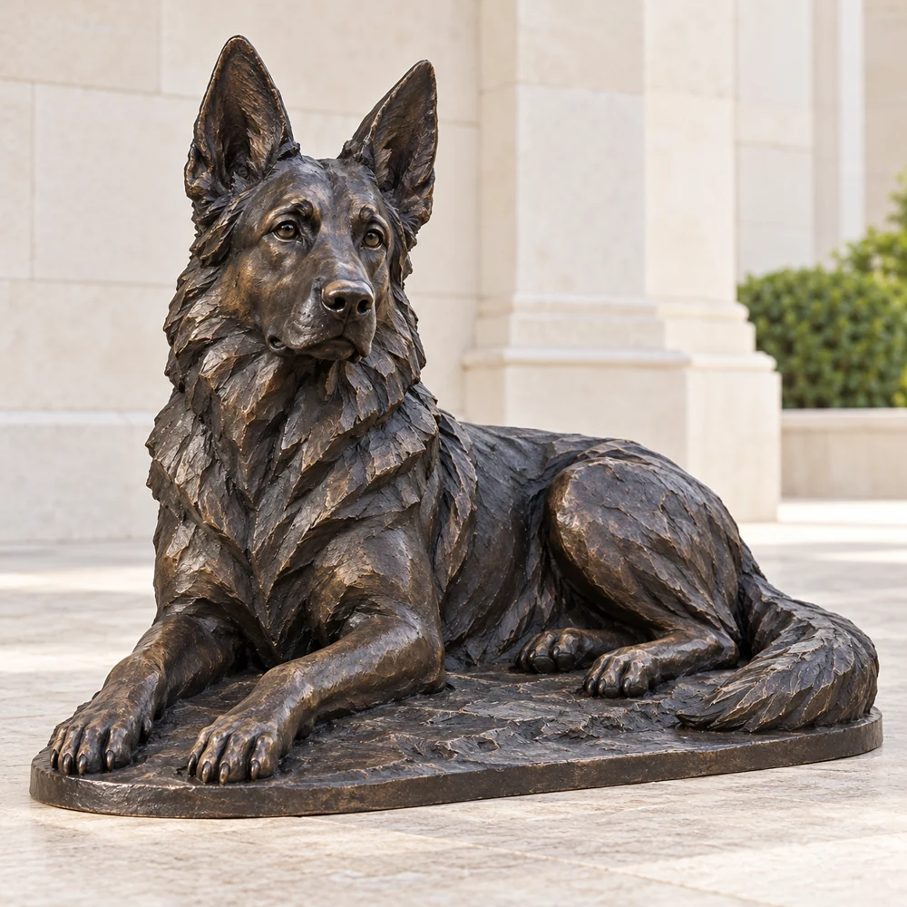 A reclining bronze German Shepherd with upright ears and a sculpted coat