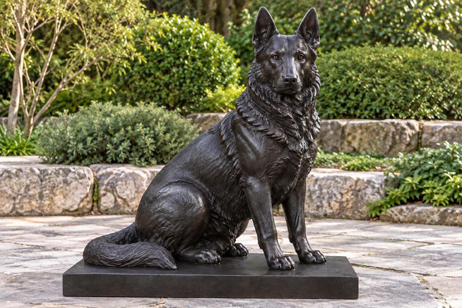A seated bronze German Shepherd statue with upright ears and a blackened bronze finish.