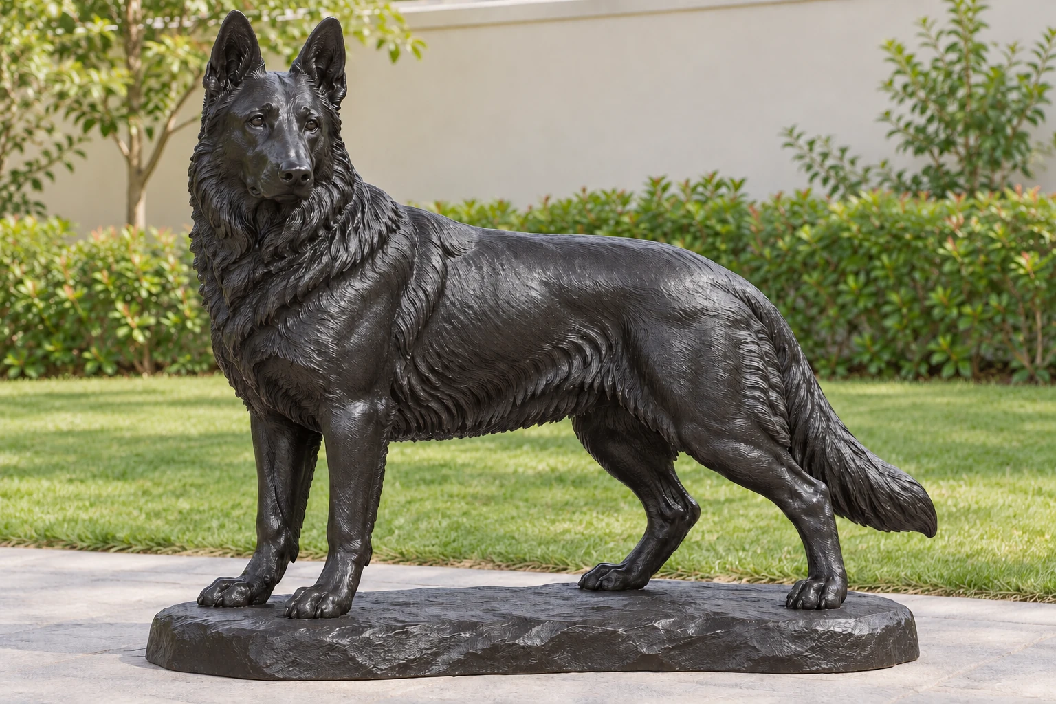 A naturally standing bronze German Shepherd with a blackened finish and a low sweeping tail.