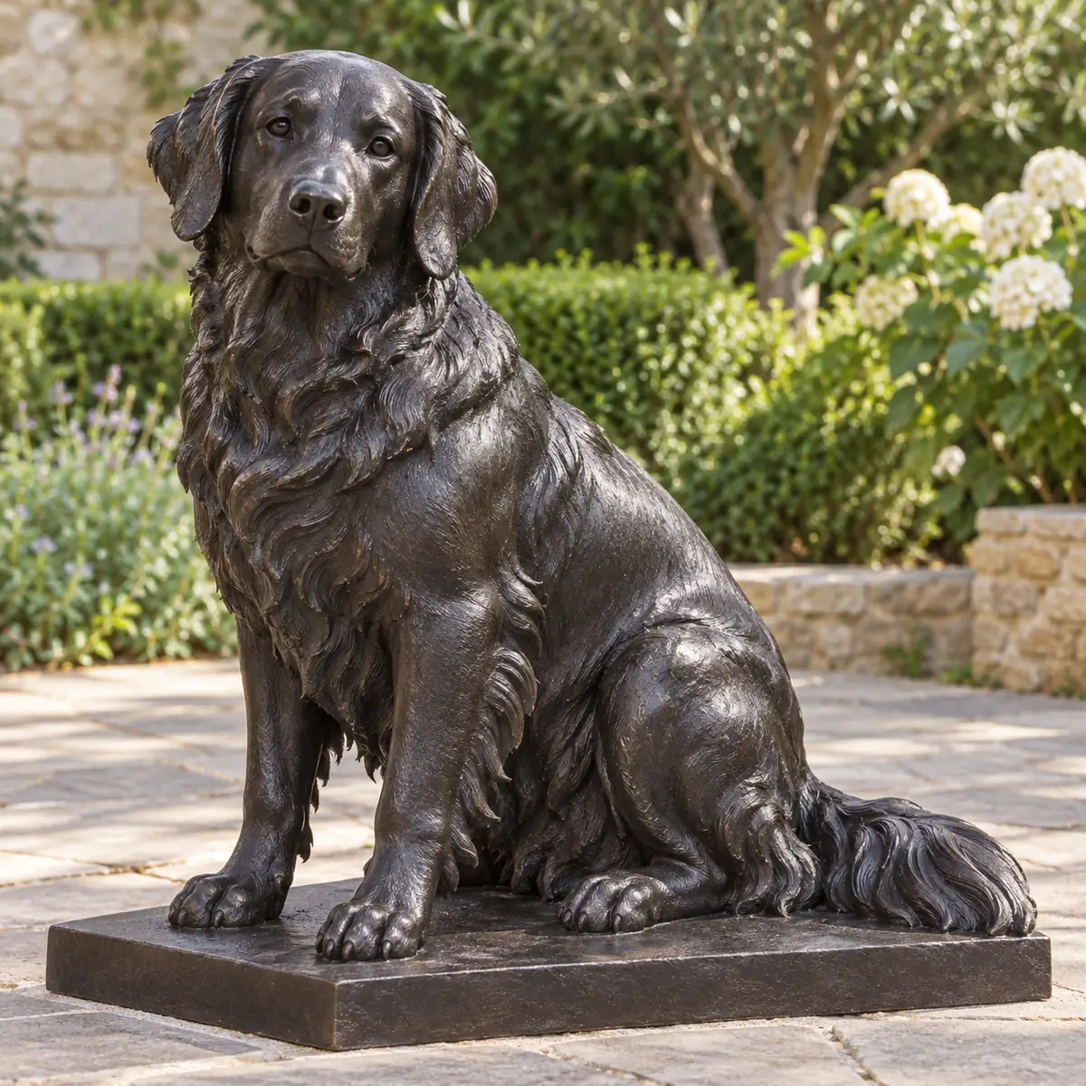Seated bronze Golden Retriever statue with dropped ears, grouped chest feathering and a dark patina.