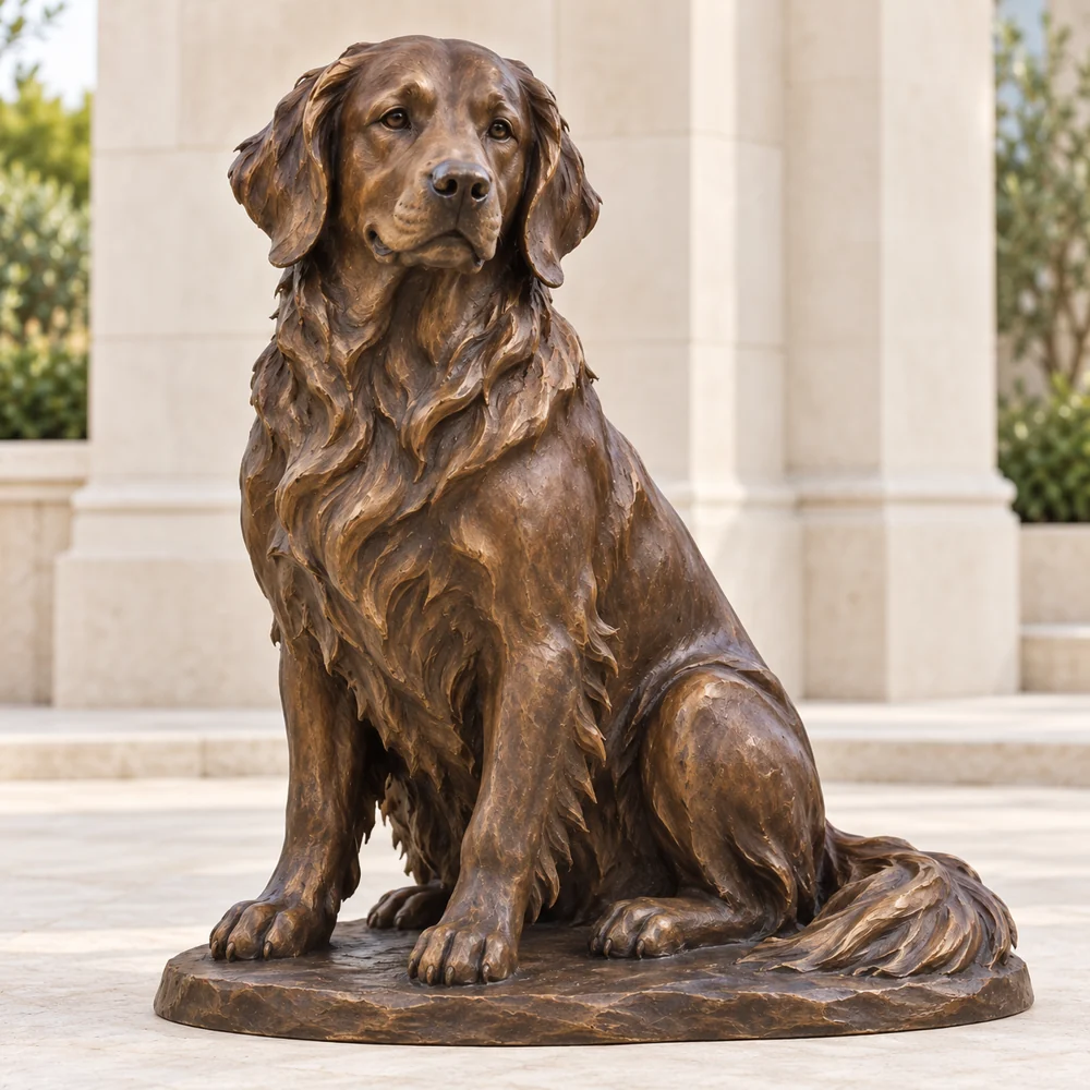 A seated bronze Golden Retriever with a grouped sculpted coat and warm brown finish