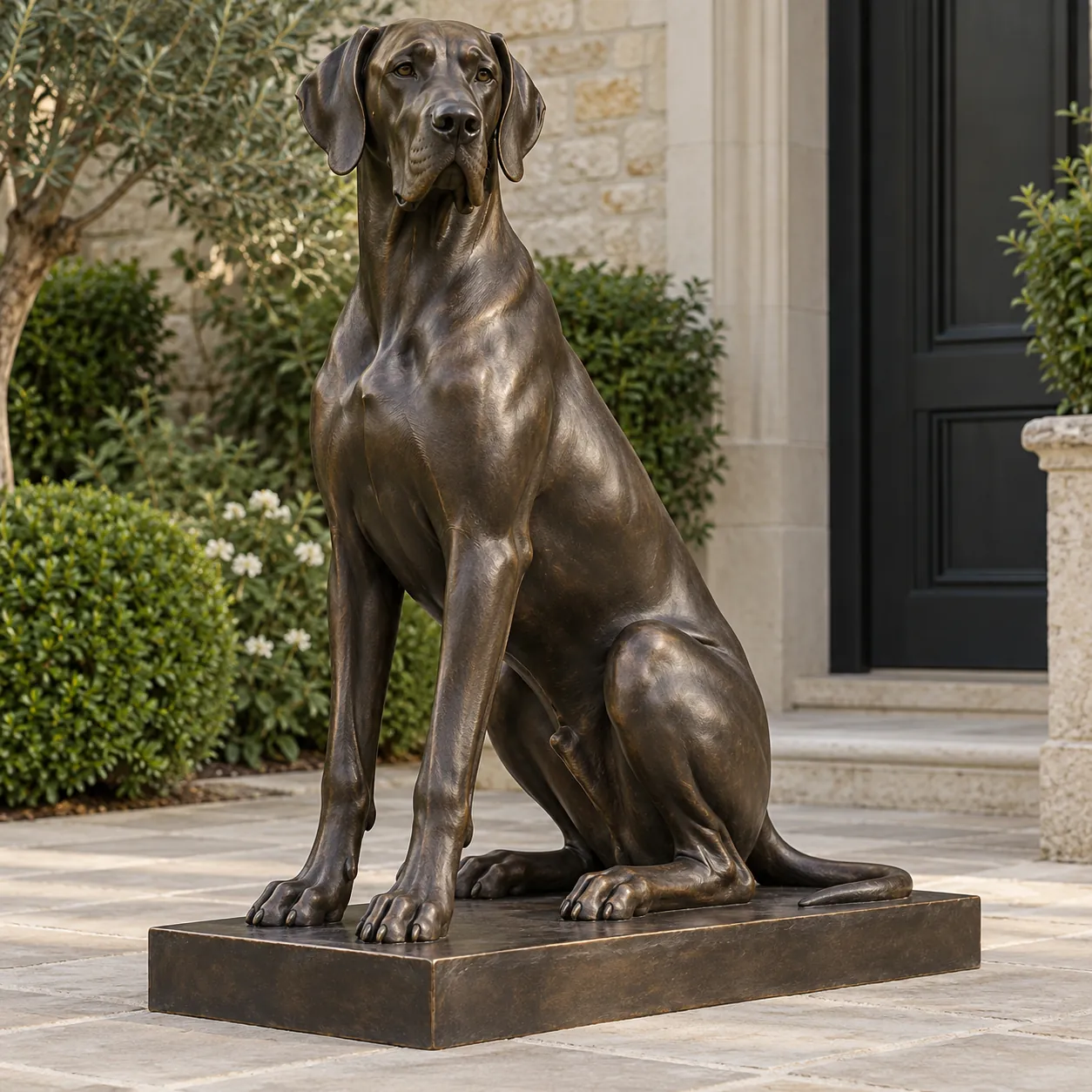 Seated bronze Great Dane statue with natural dropped ears, long front legs and a dark antique patina on a low rectangular base.