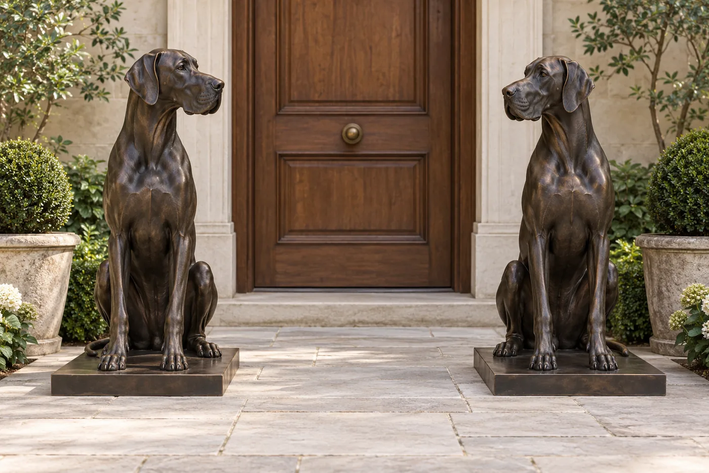 Two seated bronze Great Dane statues on separate bases beside a wooden doorway, with their heads turned toward the central approach.