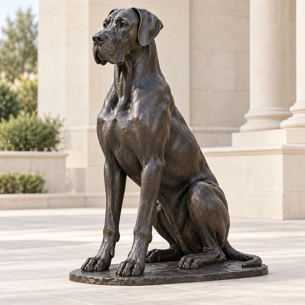 A seated bronze Great Dane with natural folded ears and long front legs