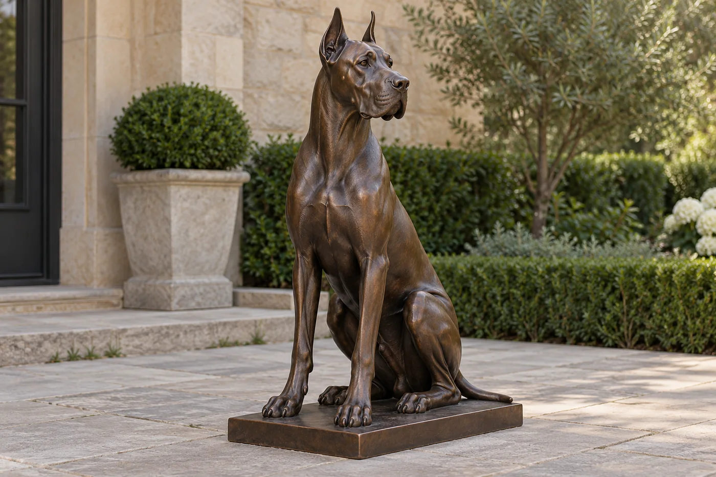 Seated bronze Great Dane sculpture with upright ears, a square muzzle and warm burnished highlights on a rectangular base.