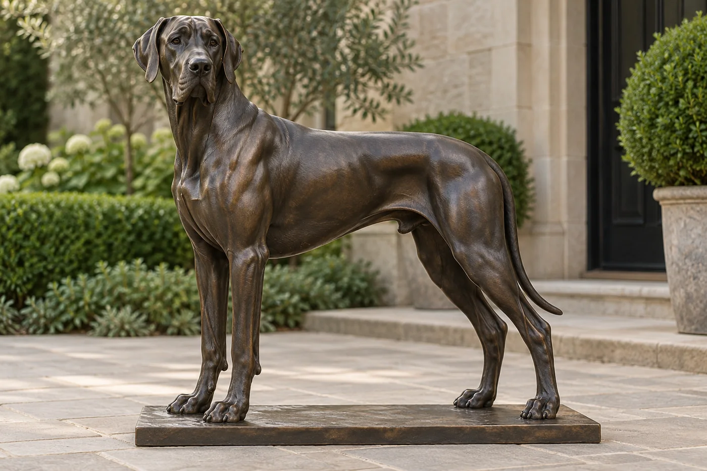 Standing bronze Great Dane with natural dropped ears, a deep chest, four long legs and a tapering tail on a low base.
