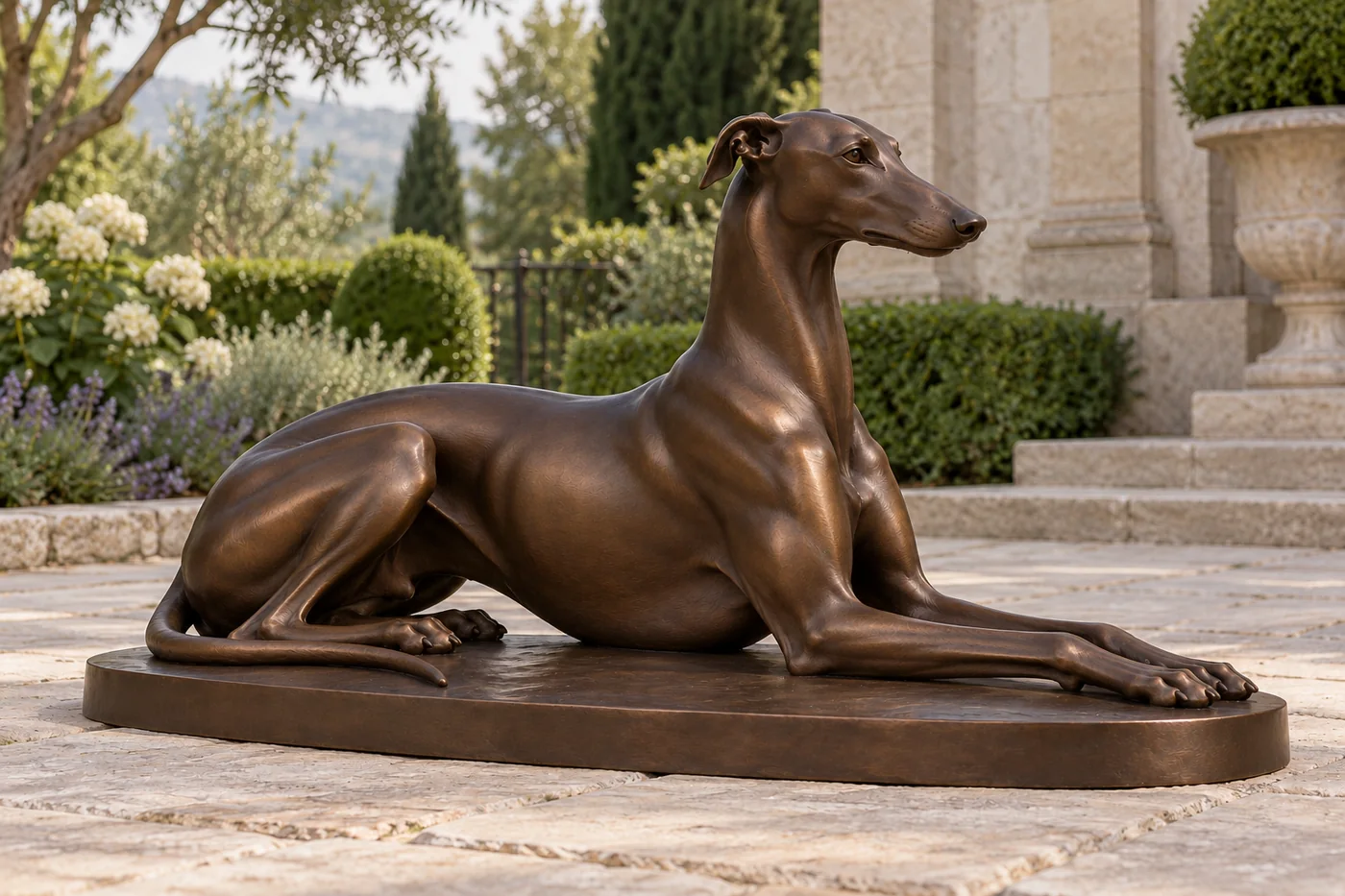 Reclining bronze Greyhound sculpture with raised head, folded ears, extended front paws and a long tail along the base.