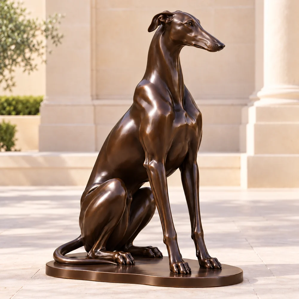 A seated bronze Greyhound with a long narrow head and smooth polished brown finish