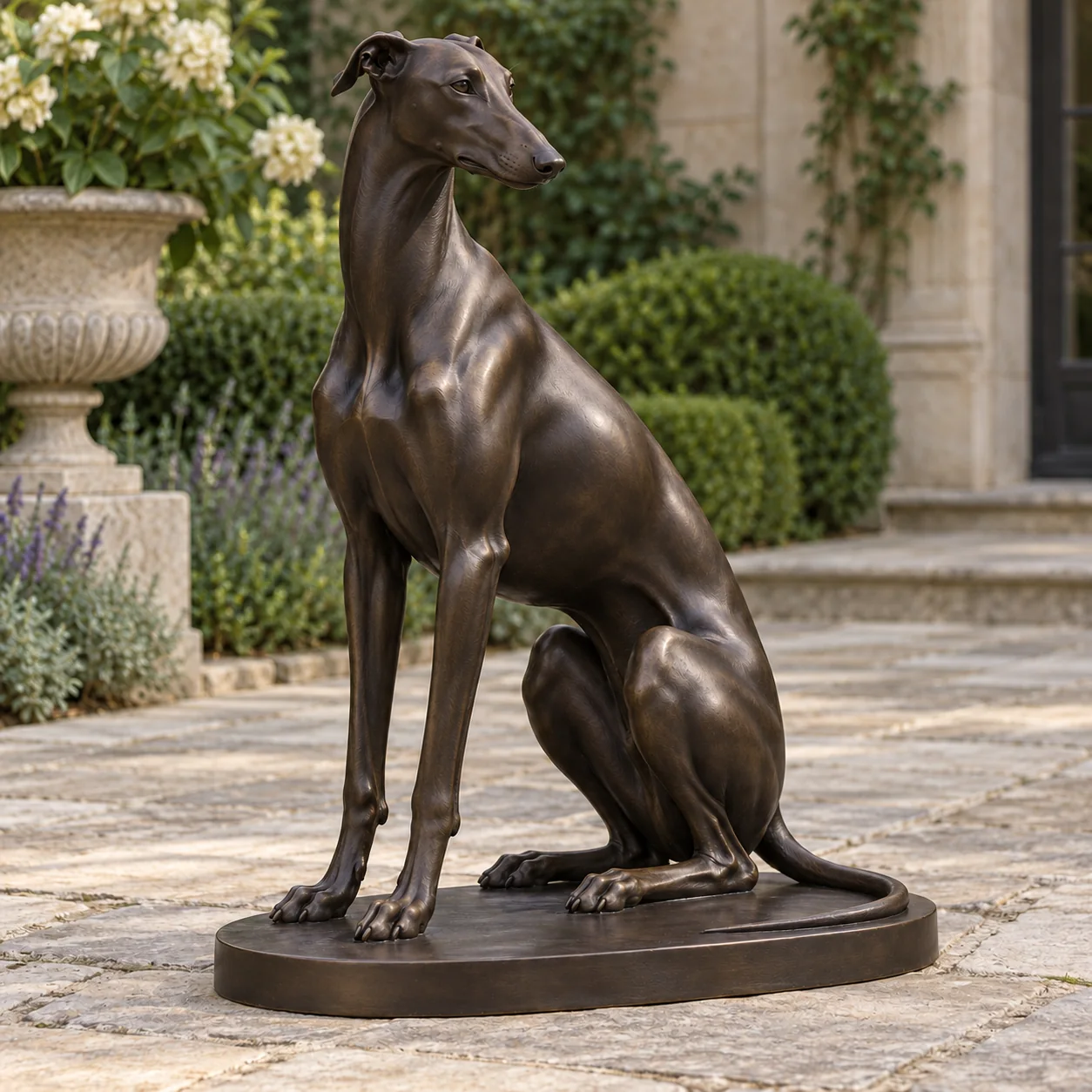 Seated bronze Greyhound statue with a long narrow muzzle, folded rose ears, tall curved neck and a fine tail resting on an oval base.
