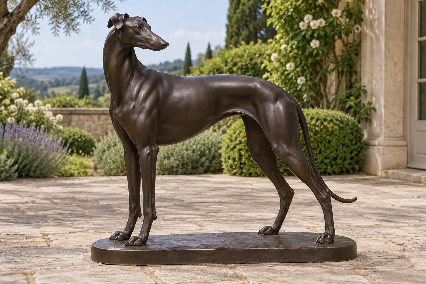 Standing bronze Greyhound with folded ears, long legs, a deep chest, tucked abdomen and a curved tapering tail.