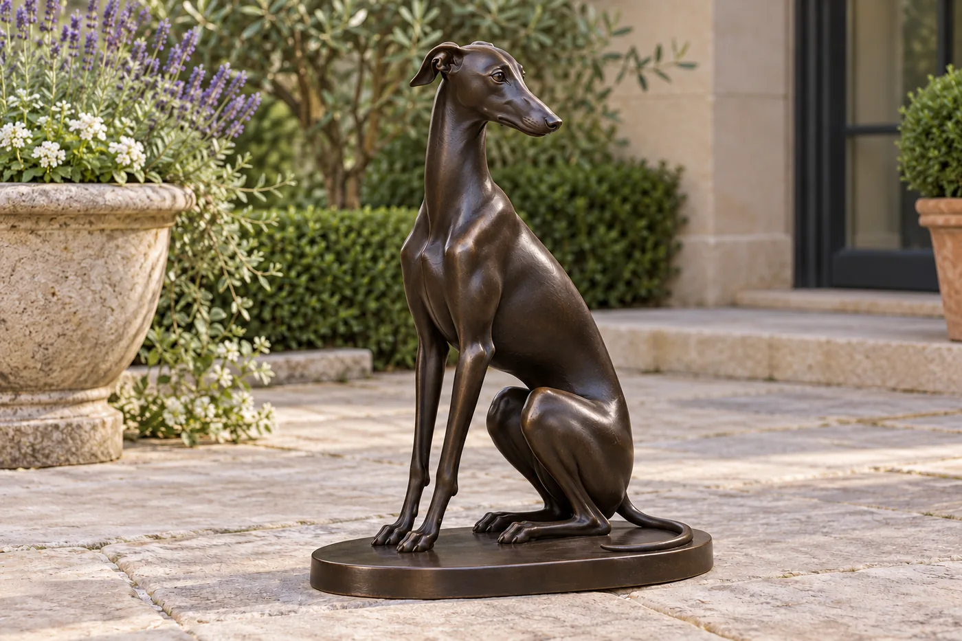 Seated bronze Italian Greyhound design with fine limbs, a narrow chest, slender neck and folded ears on a low oval base.