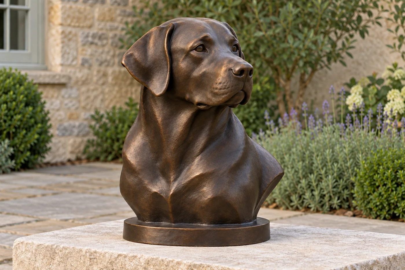Bronze Labrador head-and-shoulders bust with a slightly turned head, dropped ears and a deliberate lower edge on a low plinth.