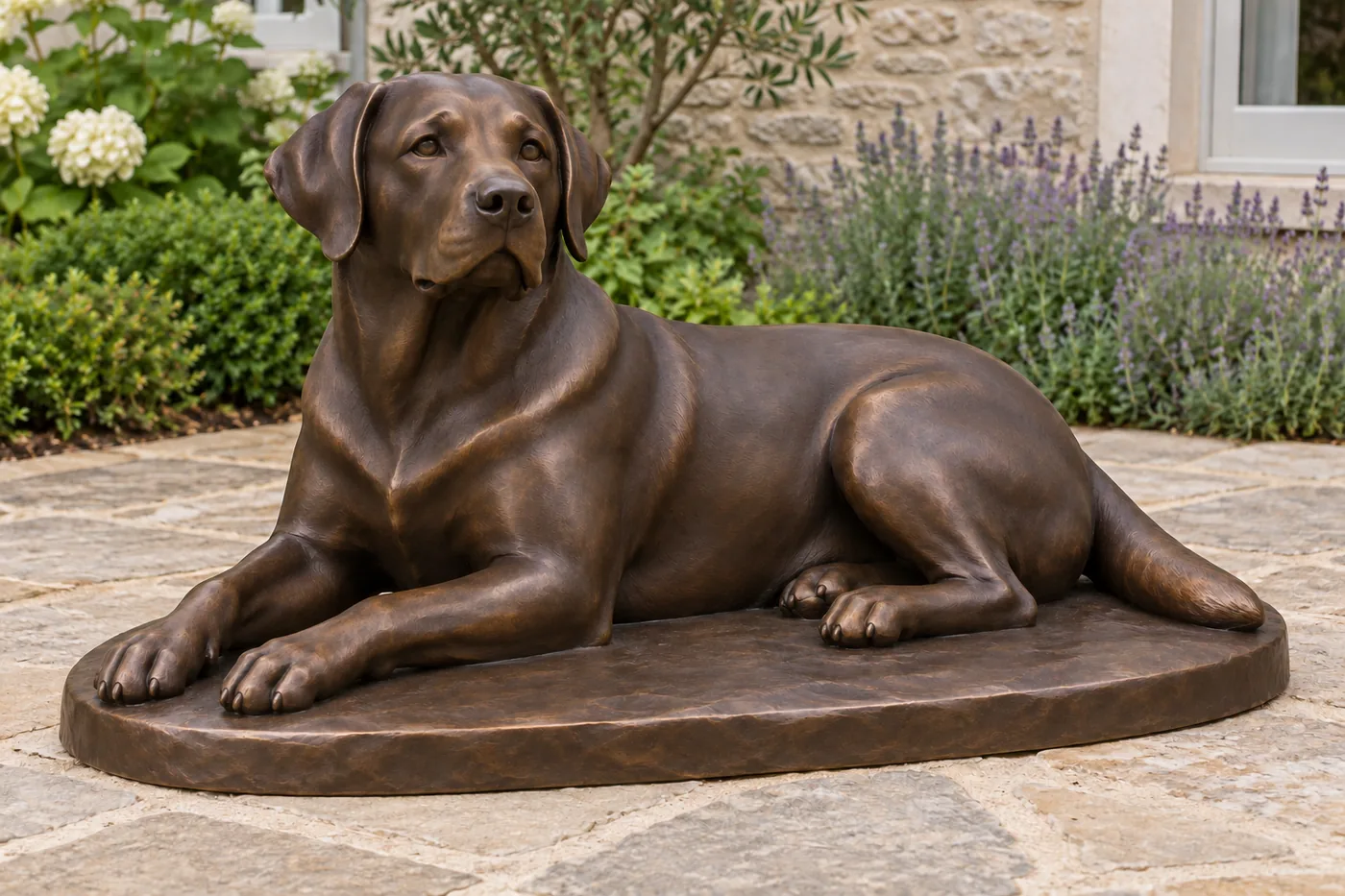 Reclining bronze Labrador with raised head, dropped ears, extended front paws and a rounded tail on an oval base.