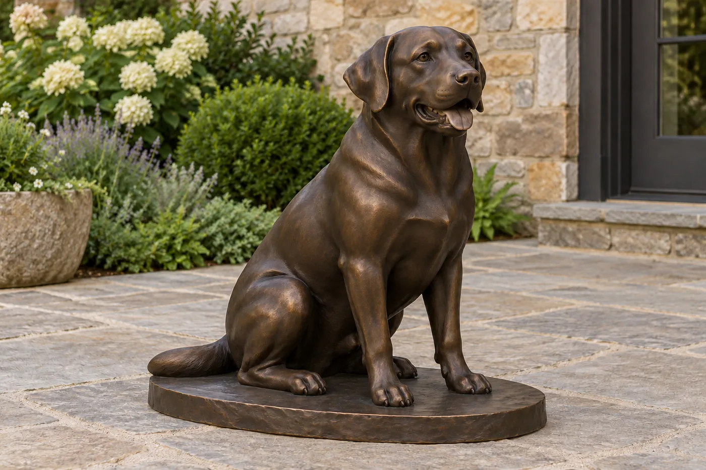 Seated bronze Labrador statue with a relaxed open mouth, sculpted tongue and short-coat body on a low oval base.