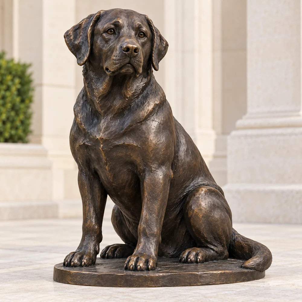 A seated bronze Labrador with a broad chest and satin brown finish