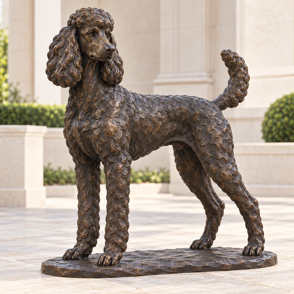 A standing bronze Poodle with a short pet clip and grouped sculpted curls