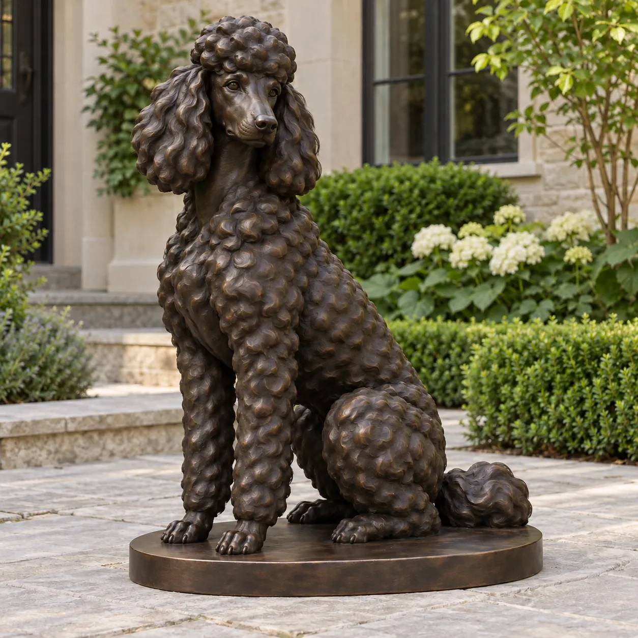 Seated bronze Poodle statue with a rounded topknot, full dropped ears, grouped coat curls and a closely trimmed muzzle.