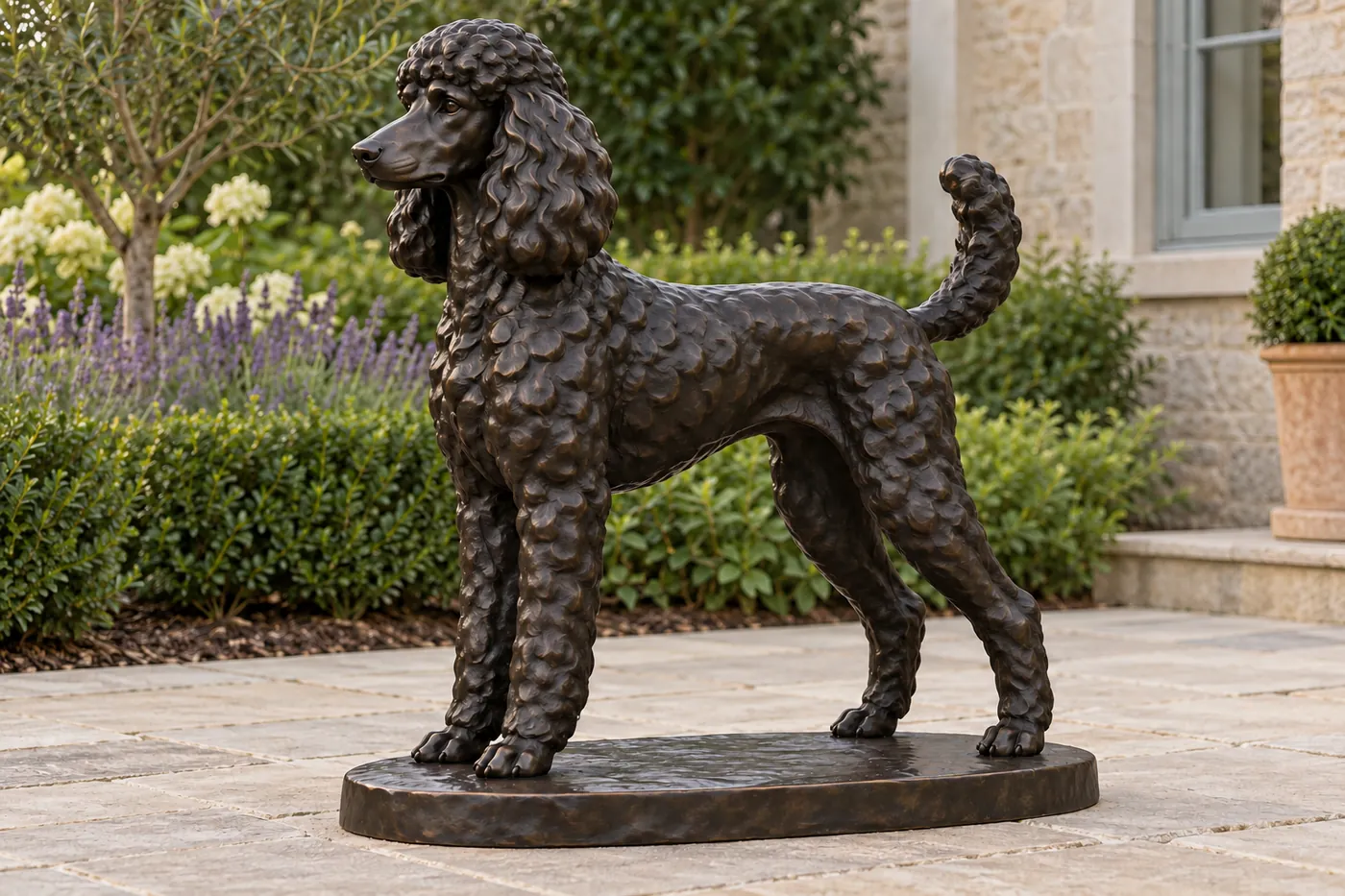 Standing bronze Poodle with an even coat outline, rounded crown, dropped ears, long muzzle and raised tail.