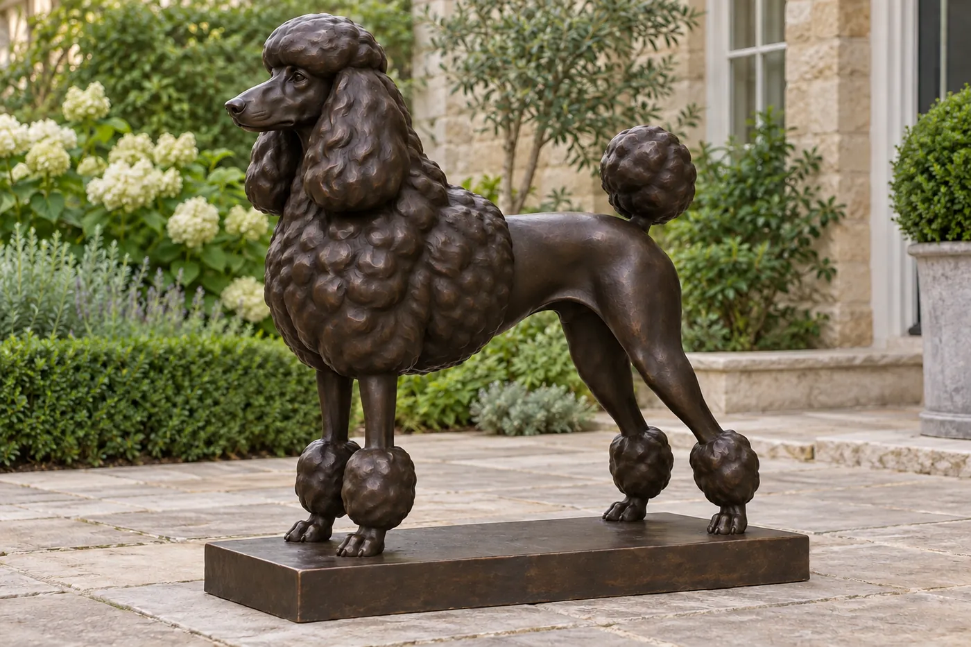 Standing bronze Poodle with fuller head and chest coat, a smooth rear body, lower-leg coat puffs and a rounded tail tip.