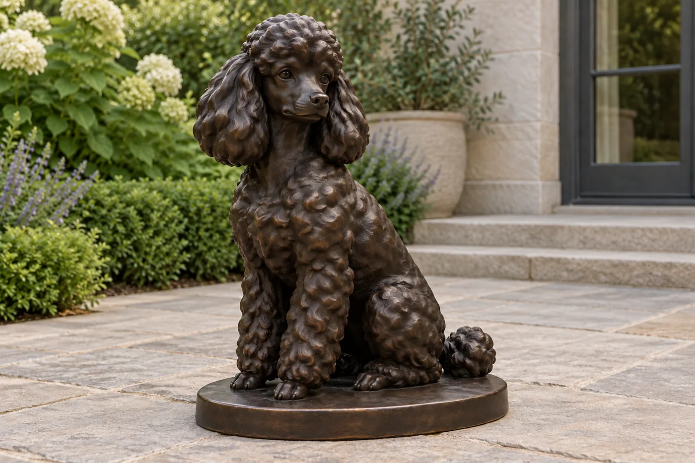 Seated bronze Toy Poodle portrait design with a softer face trim, dropped ears, rounded crown and grouped body curls.
