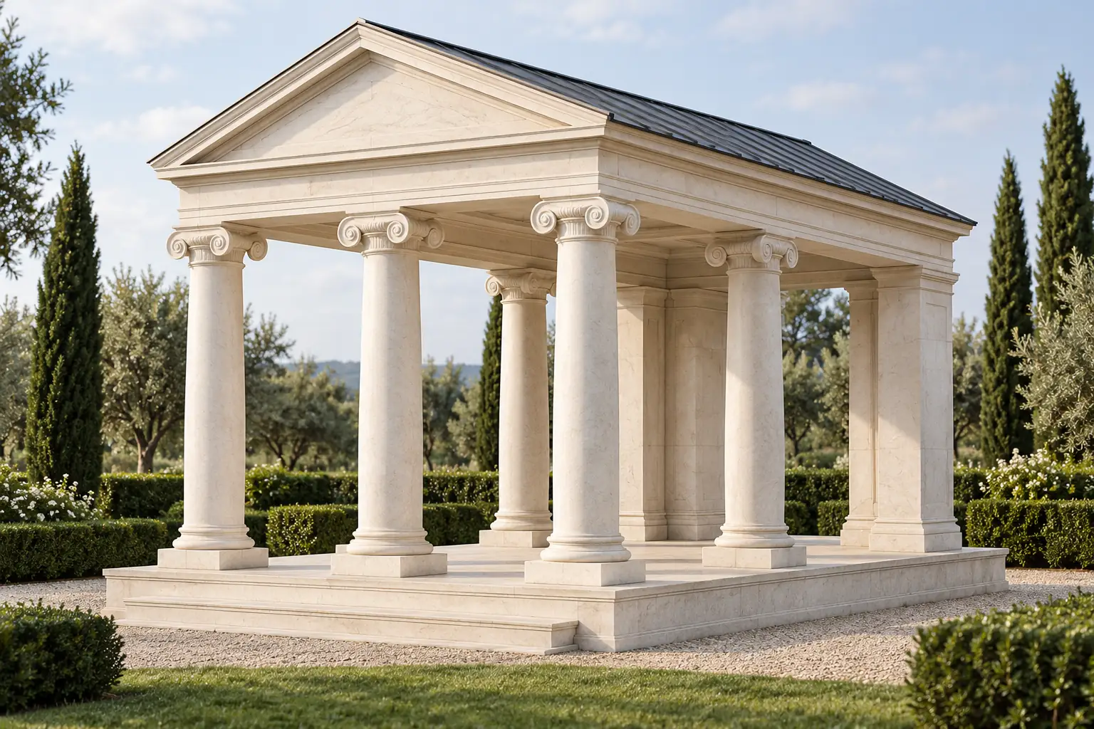 Temple-front pavilion with smooth round columns, scroll capitals, a plain pediment and rear wall sections beneath a pitched roof